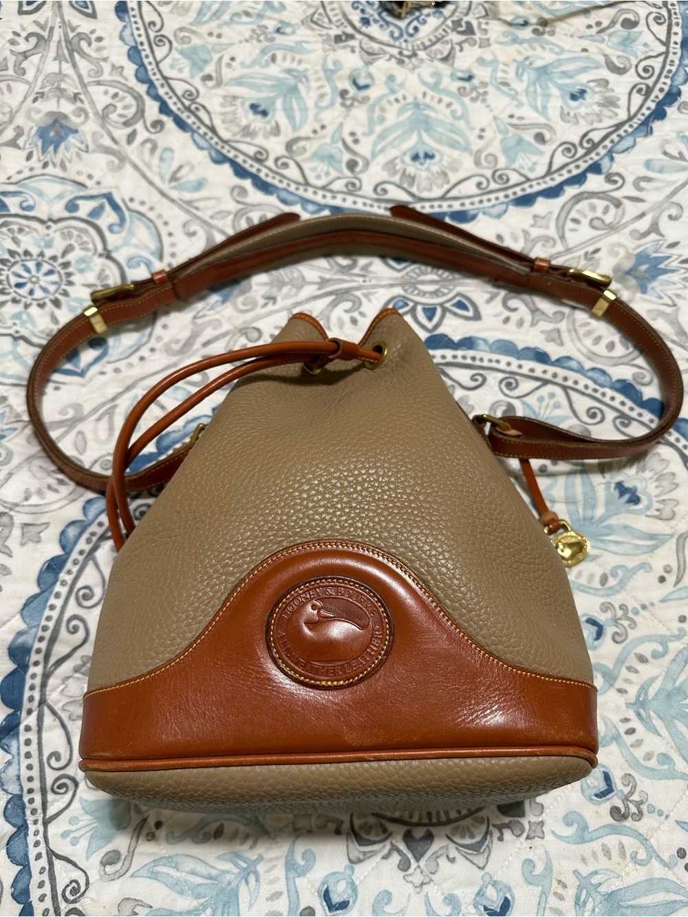 Vintage Dooney & Bourke Tan and Brown Leather Drawstring Bucket Bag & Wallet